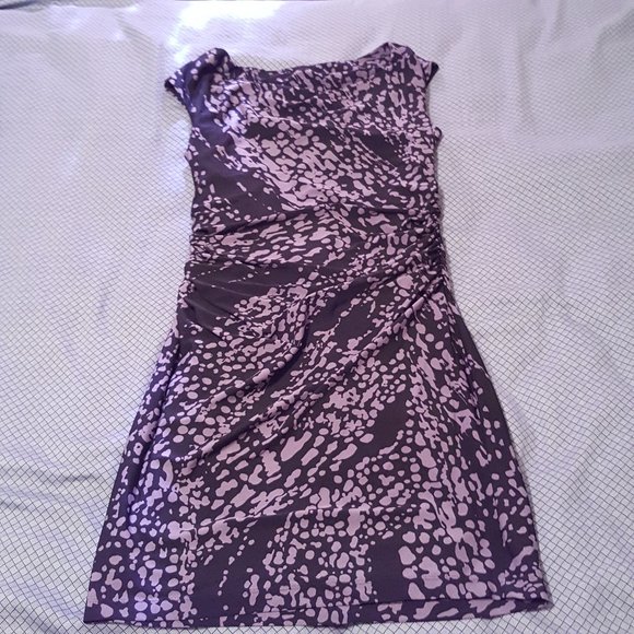 2/$20 Drape Neck Sheath Dress Black Purple 8 Petite, Abstract Print - Picture 1 of 16